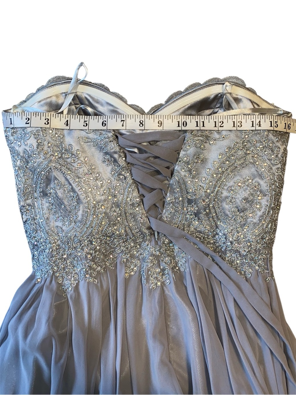 Strapless Grey-Blue Prom Evening Gown with Sweatheart Neckline and Corset Back - Picture 11 of 16